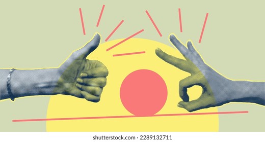 Trendy collage with hand gestures, cutout shapes Symbol win, like, punk. Grunge halftone retro banner poster design. Concept of protest, confrontation, struggle, strike, victory. Vector illustration