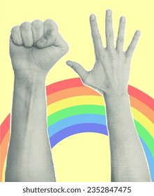 Trendy collage with hand gestures, cutout shapes Symbol win, like, punk. Grunge halftone retro banner poster design. Concept of protest, confrontation, pride lgbt month. Vector illustration.