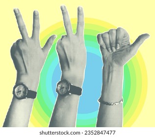 Trendy collage with hand gestures, cutout shapes Symbol win, like, punk. Grunge halftone retro banner poster design. Concept of protest, confrontation, pride lgbt month. Vector illustration.