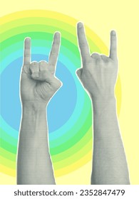 Trendy collage with hand gestures, cutout shapes Symbol win, like, punk. Grunge halftone retro banner poster design. Concept of protest, confrontation, pride lgbt month. Vector illustration.