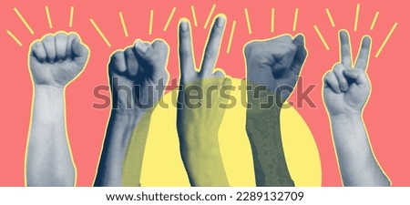 Trendy collage with hand gestures, cutout shapes Symbol win, like, punk. Grunge halftone retro banner poster design. Concept of protest, confrontation, struggle, strike, victory. Vector illustration