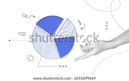 Trendy Collage Hand with pieces of pie chart. Business data analytics and market share concept. Circular diagram parts. Finance graph. Investment strategy. Contemporary vector illustration art