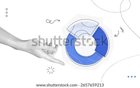 Trendy Collage Hand with pieces of pie chart. Business data analytics and market share concept. Circular diagram parts. Finance graph. Investment strategy. Contemporary vector illustration art