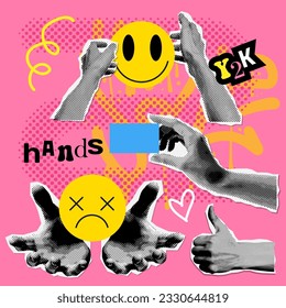 Manos de collage a la moda. Colección de gestos manuales. 90 - y2k Retro estilo loco de media tonalidad. Ilustración vectorial texturizada contemporánea.