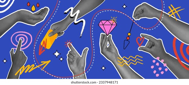 Trendy collage hands sticker set. Halftone hands gestures and doodles. Retro template for banner, poster or card. Vector illustration