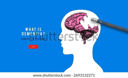 Trendy collage of head silhouette with brain and pencil erases spot. Alzheimer's Day design. Dementia, memory, neurology, healthcare, mental health concept. Hand drawn vector illustration.