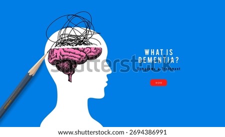 Trendy collage of head silhouette with brain and pencil erases spot. Alzheimer's Day design. Dementia, memory, neurology, healthcare, mental health concept. Hand drawn vector illustration.