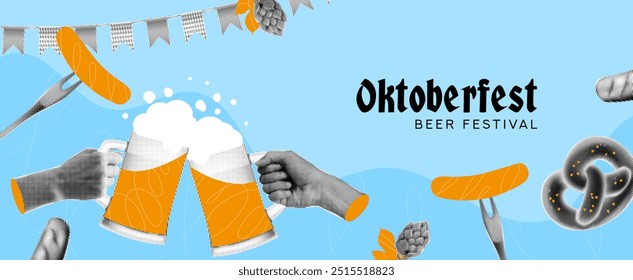 Trendy Collage für Oktoberfest. Vektorgrafik mit Halbton-Oktoberfest-Elementen für Dekorationsbanner, Flyer, Social Media, Anzeigen, Event, Feiertage. Festlicher Hintergrund.