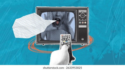 Trendy collage pop art. Message concept. Halftone retro TV, cut out hand with remote control, shouting announcer, paper speech bubble. Advertising information, news, attracting people, discounts
