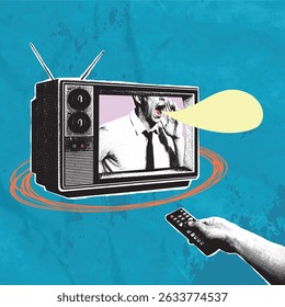 Trendy collage in pop art style. Message concept. Halftone retro TV, cut out hand with remote control, shouting announcer, speech bubble. Advertising information, news, attracting people, discounts