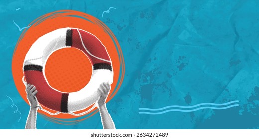 Trendy collage in pop art style. Hands holding a lifebuoy on a blue background. Concept of saving drowning people. Negative space for inserting text or advertising.