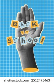 Cartel de moda del collage con las manos del semitono, rasgado, papel rasgado. Diseño de Anuncio moderno Volver a la escuela con el alfabeto cortado de revistas. Concepto Plantilla Diseño de póster palma Manos en cuaderno a cuadros.