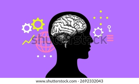 Trendy collage of silhouette human head with sketch brain. Human intellect, education, psychology, innovation, e-learning, mental wellness concept. Hand drawn vector illustration.