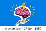 Trendy collage of sketch brain with doodle lightning and shine. Education, university, school, psychology, mental health, coaching, e-learning, wellness concept. Hand drawn vector illustration.