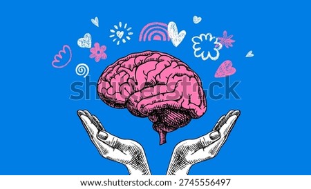 Trendy collage of sketch brain with doodle bubbles. Education, university, school, psychology, mental health, coaching, e-learning, wellness concept. Hand drawn vector illustration.