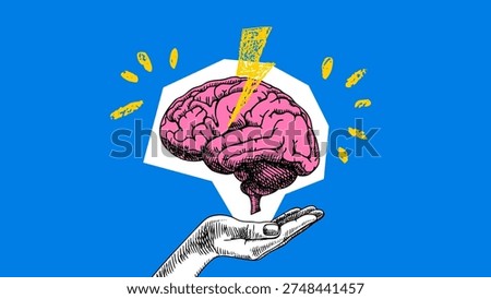Trendy collage of sketch brain with doodle lightning and shine. Education, university, school, psychology, mental health, coaching, e-learning, wellness concept. Hand drawn vector illustration.