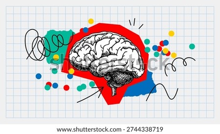 Trendy collage of sketch brain with doodles. Education, university, school, psychology, mental health, coaching, e-learning, wellness concept. Hand drawn vector illustration.