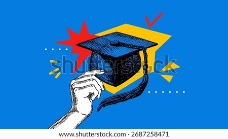 Trendy collage with sketch hand and graduation cap. Academic success, knowledge, achievement, education, learning concept. University and school design banner. Retro hand drawn vector illustration.