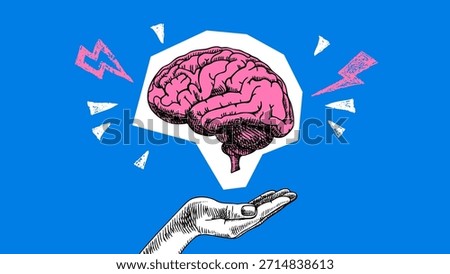 Trendy collage of sketch human brain, hands and scribble doodle elements. Retro halftone effect. Vector hand drawn illustration