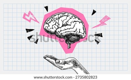 Trendy collage of sketch human brain, hand and scribble doodle elements. Retro halftone effect. Vector hand drawn illustration