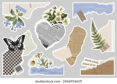 Trendy collage stickers set. Vector collection of torn newspaper, retro flower, butterfly stamp, rip notebook sheets, handwriting quotes, craft notepaper, old grunge paper. Retro elements for design