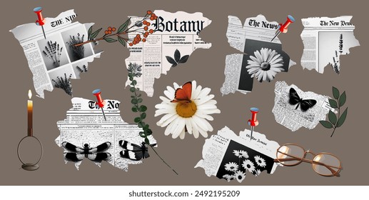 Trendy collage stickers set. Vector collection of torn newspaper, retro botany hadlines, flower, branches, butterfly, candle, glasses, stamps, old grunge paper. Retro elements for design	