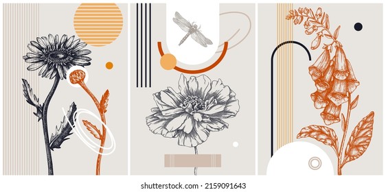 Diseños de tarjetas de flores de verano de estilo collage a la moda. Ilustraciones abstractas y minimalistas con dibujos florales. Con formas geométricas y elementos botánicos para el arte de la pared, impresiones, decoración, invitaciones