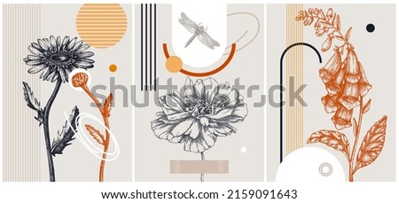 Trendy collage style summer flowers card designs. Abstract and minimalist illustrations with floral sketches. With geometric shapes and botanical elements for wall art, prints, decoration, invitations