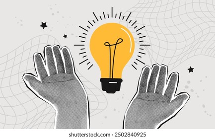 Trendy collage two halftone hands and lightbulb. Creative idea concept. Business solutions, mind, brainstorm, answer, idea, problem solving. Vector illustration with retro elements