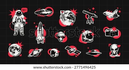 Trendy collage vector set of space icons. Astronaut, planet, ufo, rocket ship, and alien stickers with halftone design. Retro digital art for science fiction and cosmic exploration theme.
