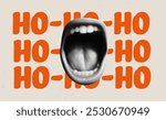 Trendy collage wallpaper featuring a happy mouth scream. Christmas card design with popart elements and a cool background