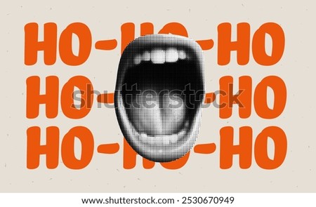 Trendy collage wallpaper featuring a happy mouth scream. Christmas card design with popart elements and a cool background
