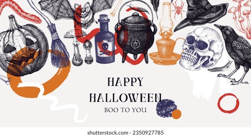 Trendy collage-style Halloween background. Hand-drawn vector illustration. Skulls, bones, pumpkin, poison, snakes, mushroom sketches. Autumn holiday banner. Halloween abstract design elements