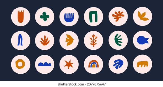 Trendy collection of abstract round highlight covers with colorful cutting shapes, tropical elements and doodle objects on pastel background. Modern vector hand drawn icons. Inspired Matisse design