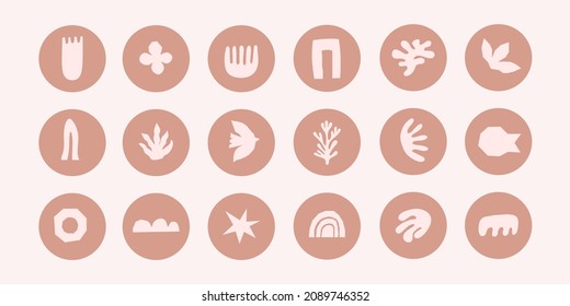 Trendy collection of abstract round highlight covers with pastel cutting shapes, tropical elements and doodle objects. Modern vector hand drawn icons. Inspired Matisse design