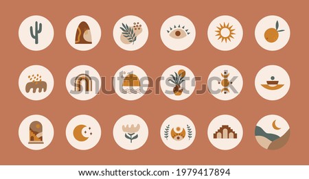 Trendy collection of abstract round highlight covers with colorful various shapes, tropical elements and doodle objects on pastel background. Modern vector design in boho style