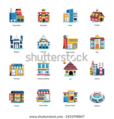Trendy Collection of City Architecture Flat Icons 

