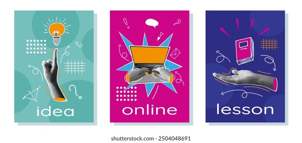 Trendy Collection of Collages with Hand, Laptop Computer, Lightbulb. Modern Posters design of website, programming, online lessons, idea. Vector illustration Concept with simple elements and icons.