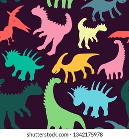 Trendy collection with colorful dinosaurs pattern kids. Creative childish seamless texture. Cute monster vector design. Colorful silhouettes of dinosaurs.