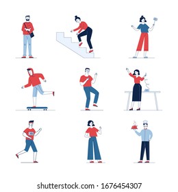Trendy collection of different cartoon people. Flat vector illustrations of man and woman jogging, crossing arms, skating. Activity and lifestyle concept for banner, website design or landing web page