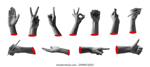 Trendy Kollektion von Hand Collage in verschiedenen Formen auf weißem Hintergrund für Plakate, Banner, Werbung, Social Media, Web. Vektor Illustration Set Hände aus Foto geschnitten. Moderne digitale Elemente. 