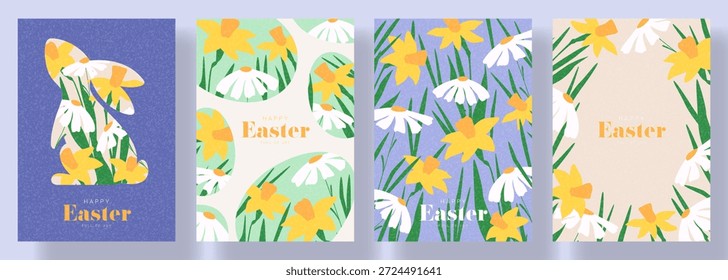 Coleção na moda de cartazes de Páscoa feliz. Cartões de vetor de Páscoa com coelho, flores de primavera. Folhetos de férias para o projeto da festa, celebração, anúncios, branding, capa, cartão, venda, evento.
