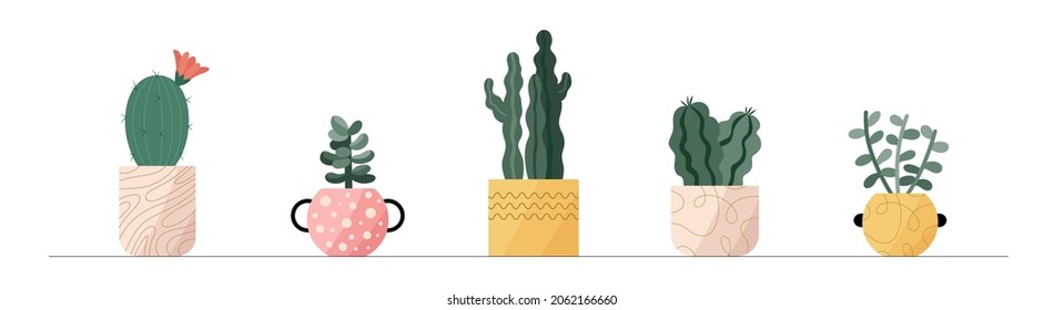 Trendy collection of home cute cactus plants in flowerpots pack icons. Set of mini cacti succulent plants in pots modern illustrations. Cozy vector decoration elements in flat swiss graphic style.
