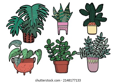 Trendy collection of home cute plants in flower pots pack icons. Set of indoor plants and flowers in pots modern illustration