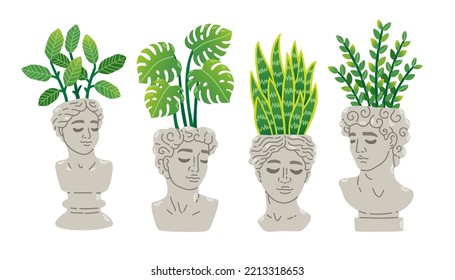 Trendy collection of home plants in statue heads flowerpots pack icons. Set of houseplants in pots modern illustrations.