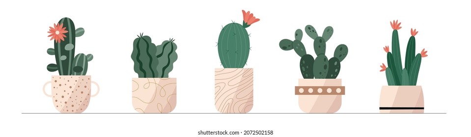 Colección a la moda de plantas de hogar lindo cactus en macetas de flores empaque iconos. Conjunto de mini cacti suculentas plantas con ilustraciones de flores rojas. Cómodos elementos de decoración vectorial en estilo gráfico plano suizo.