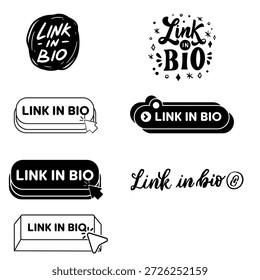 Trendy collection of link in bio badges and icons in various styles for social media profiles. Essential for influencers, digital marketing, and personal branding on web platforms.