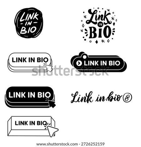 Trendy collection of link in bio badges and icons in various styles for social media profiles. Essential for influencers, digital marketing, and personal branding on web platforms.