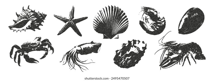 Trendy collection of marine elements with a photocopy effect. Vector illustration of stickers with starfish, shrimp, scallop, squid in a halftone design for a banner or poster.