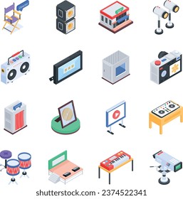 Trendy Collection of Studio Equipment Isometric Icons 

